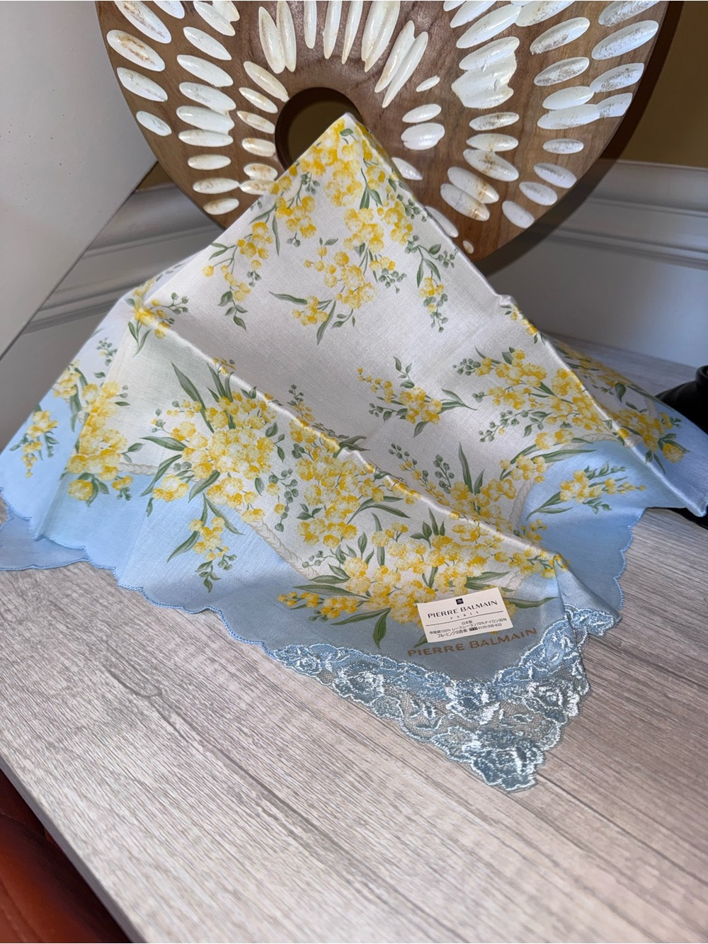 Pierre Balmain Yellow Floral Blue-Trim scarf 20” x 20”New